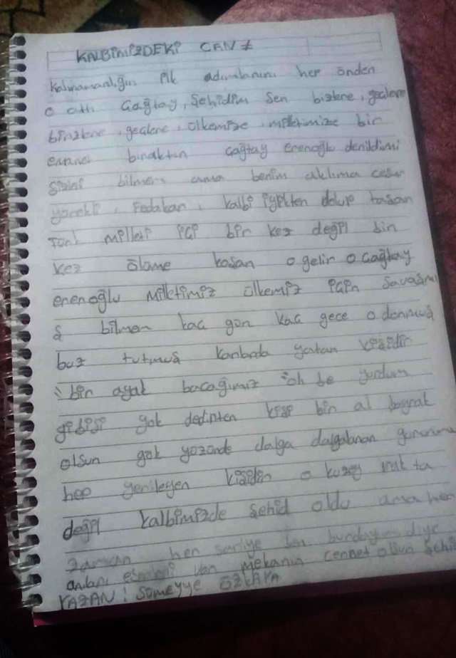 9 Yaşındaki Minik Kız Sümeyye Özkaya Boyabatlı Şehit Çağatay Erenoğlu'na Şiir Yazdı.
