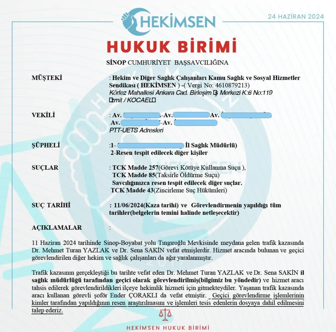 Hekimsenden doktorların ölümü ile ilgili suç duyurusu