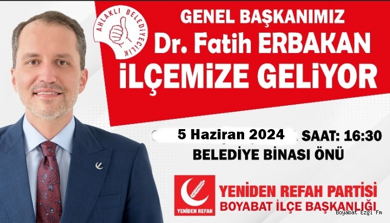 YRP Genel Başkanı Dr. Fatih Erbakan Boyabat’a Geliyor