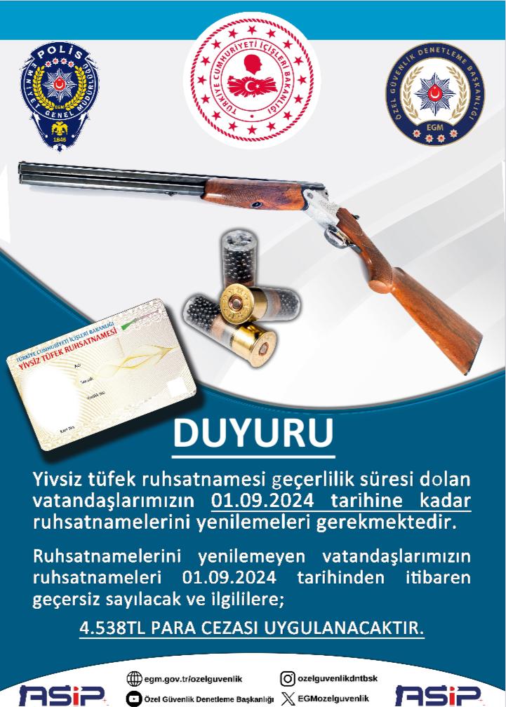 Yivsiz tüfek ruhsatnamesi geçerlilik süresi dolan vatandaşlarımız DİKKAT!