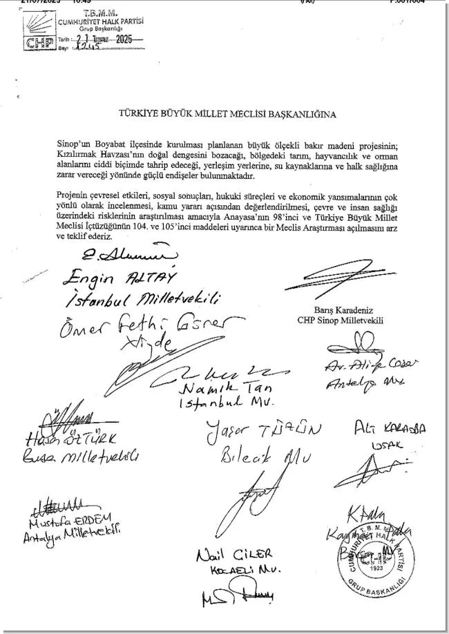 Boyabat Bakır Madeni İçin Meclis Araştırması Açılması Teklif Edildi 