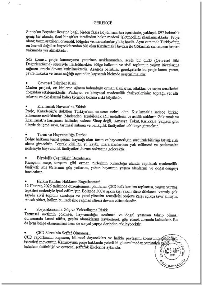 Boyabat Bakır Madeni İçin Meclis Araştırması Açılması Teklif Edildi
