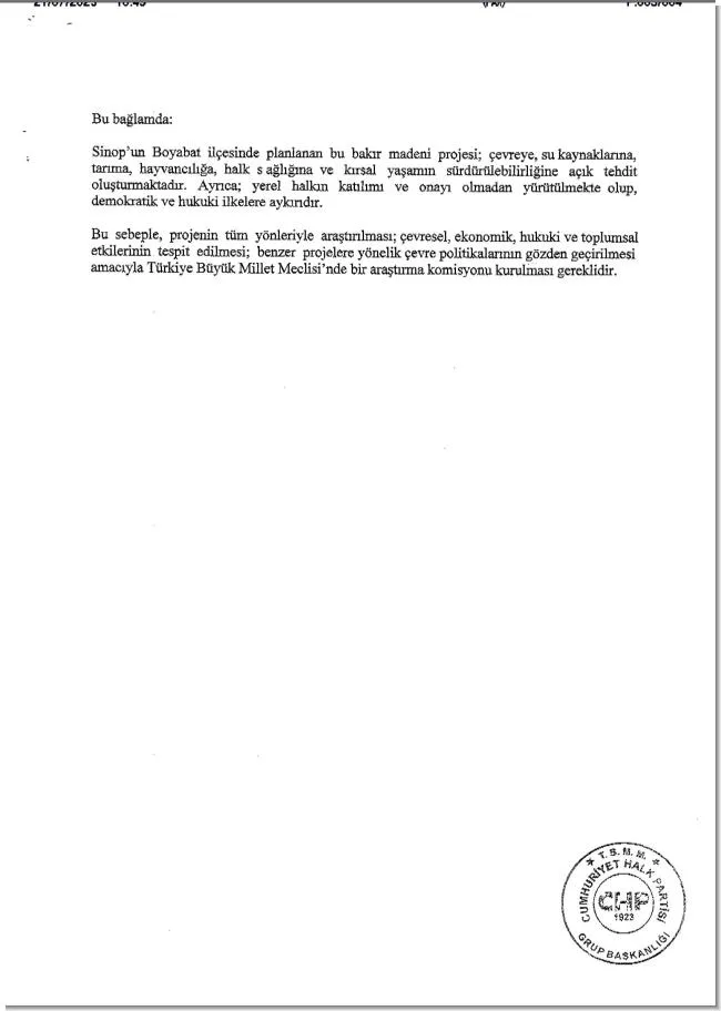 Boyabat Bakır Madeni İçin Meclis Araştırması Açılması Teklif Edildi
